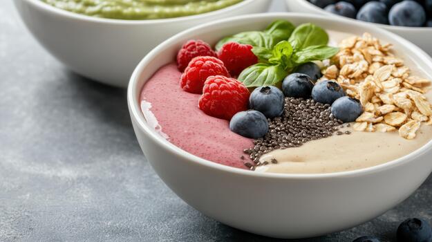 Three bowls with different types of fruit and yogurt photo
