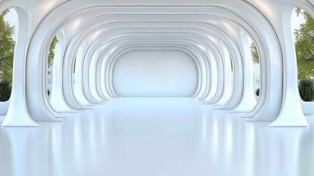 White tunnel with arches and trees in the background photo