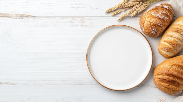 Croissants and bread on a white wooden table top view photo