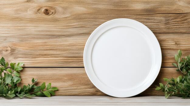 An empty white plate on a wooden table photo