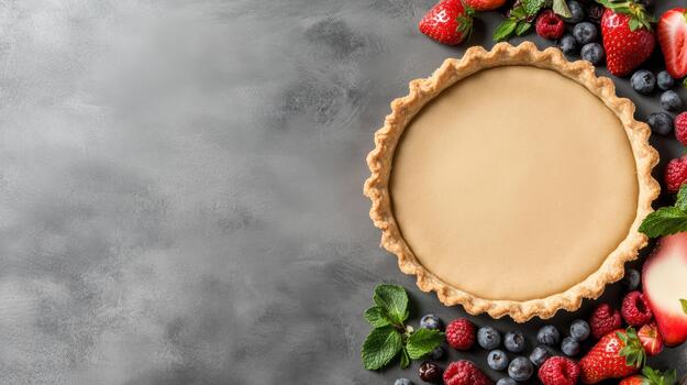 Fresh berries and cream pie on a gray background photo