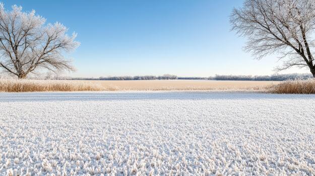Winter landscape with frosty grass and trees photo