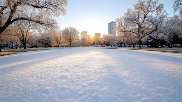 A snowy park with trees and buildings in the background photo