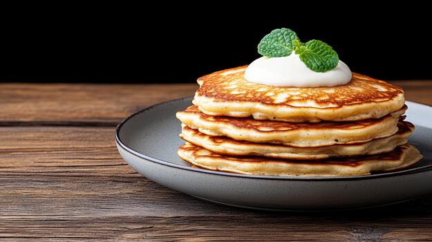 A stack of pancakes on a plate with cream and mint photo