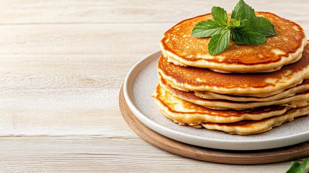 A stack of pancakes on a plate with mint leaves photo