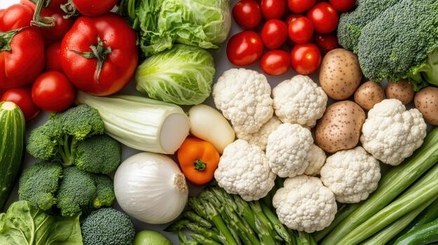A variety of vegetables and fruits are arranged in a circle photo