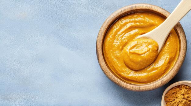 Tumeric paste in a wooden spoon photo