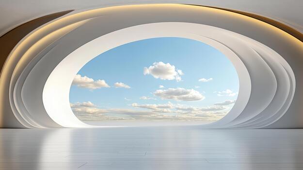 3d rendering of a white room with a large window photo