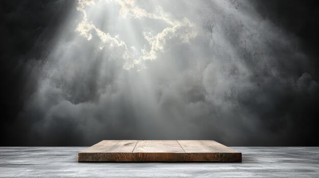 An empty wooden table in front of a dark sky photo