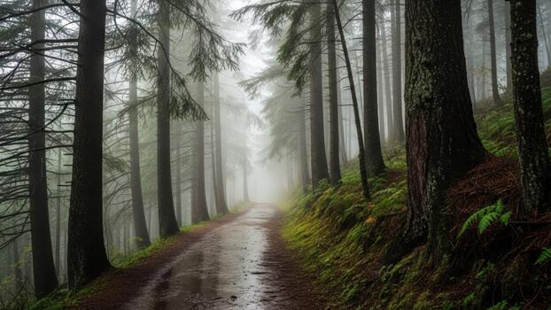 A path through a forest with trees and fog photo