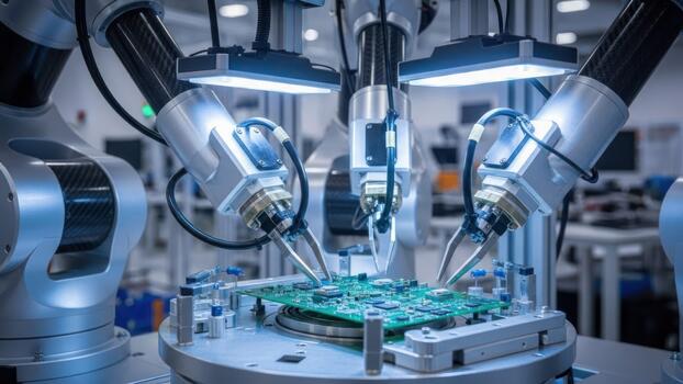Robots working on a circuit board in a factory photo