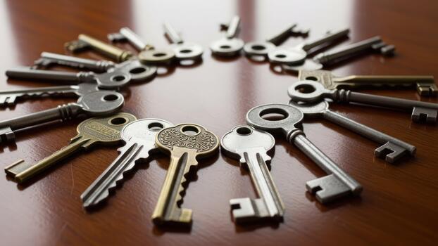 A circle of keys arranged in a circle on a table photo