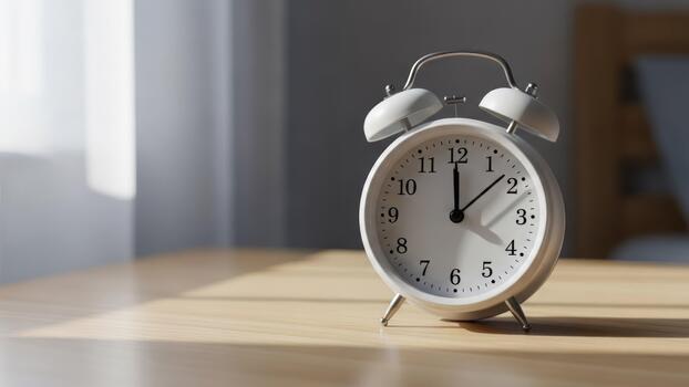 An alarm clock on a table in front of a window photo