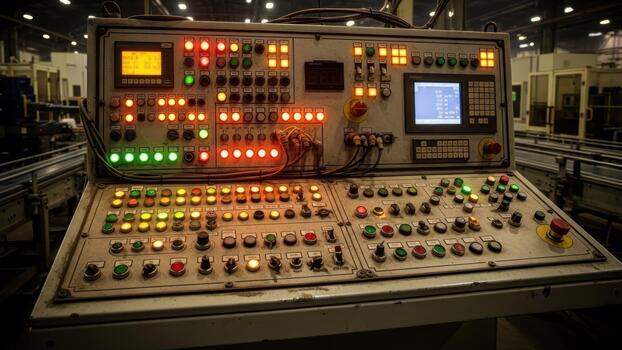 A control panel in a factory with many different controls photo