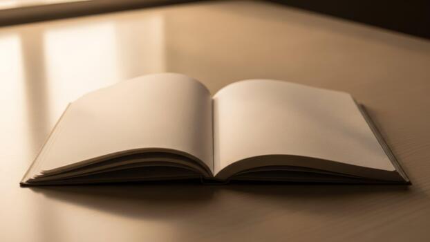 An open book on a table in front of a window photo