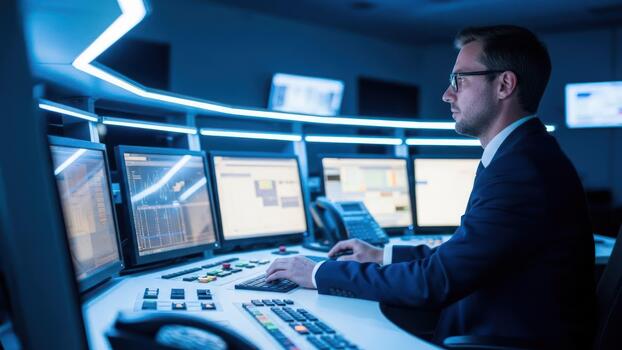 A man in a suit is working on multiple computer screens photo