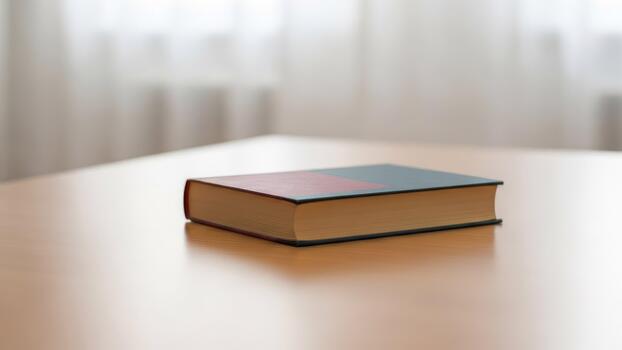 An open book sitting on a table in front of a window photo
