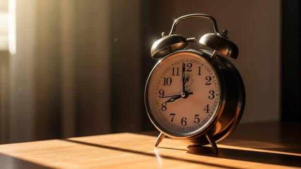 An alarm clock is sitting on a table in front of a window photo
