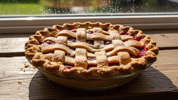 A pie sitting on a window sill with a lattice on it photo