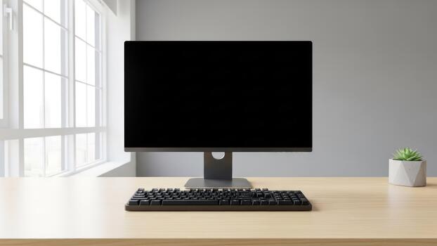 A computer monitor on a desk with a keyboard and mouse photo