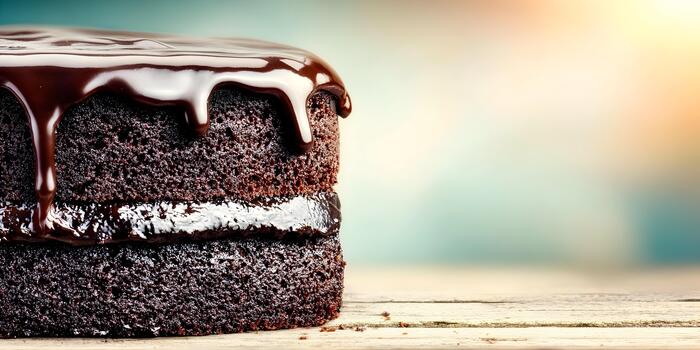 un delicioso chocolate pastel con goteo ganache es exhibido en un rústico de madera mesa con un suave bokeh antecedentes foto