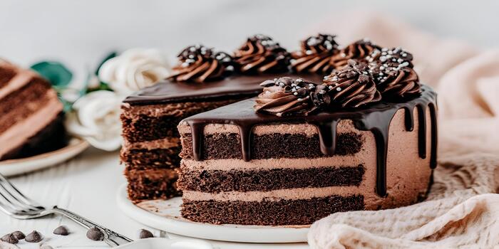 A delicious multi layer chocolate cake covered in chocolate ganache frosting and sprinkles is displayed with a missing slice photo