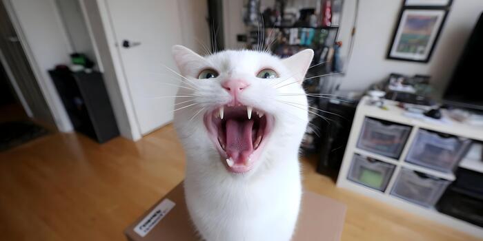 un sorprendentes cerca arriba capturas un blanco gato bostezando o maullando con sus boca amplio abierto mostrando agudo colmillos y un rosado lengua foto
