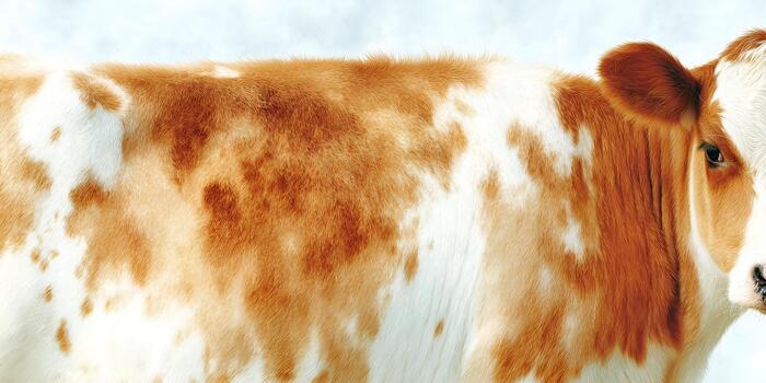 A brown and white cow is prominently displayed from its side showing its fur texture and distinct patterns photo