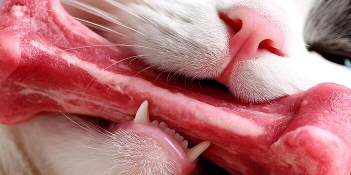 A white cat intensely bites into a raw meaty bone with its sharp fangs a close up view photo