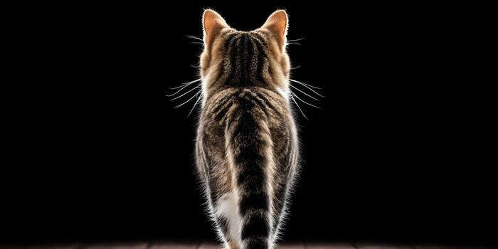 A striped cat stands with its back to the viewer looking into a dark background with a glow around its fur and whiskers photo