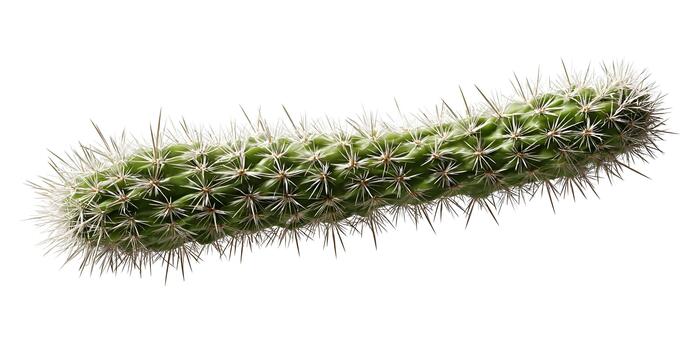 A green cylindrical cactus segment with sharp white spines isolated on a white background photo