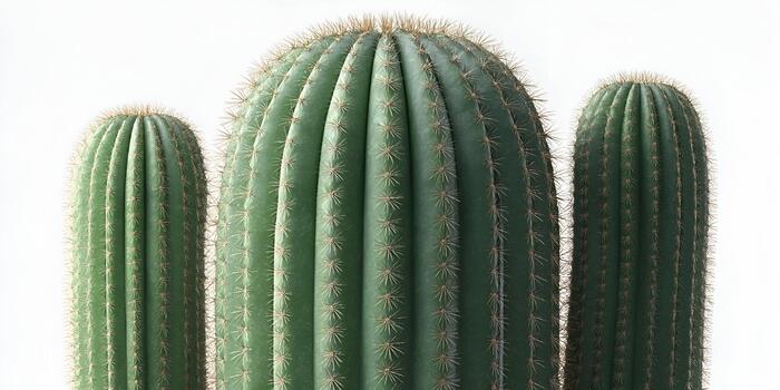 Three green cacti stand tall with sharp spines against a clean white background in a minimalist botanical studio shot photo