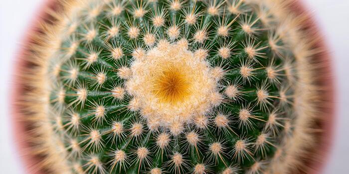 An overhead macro shot captures the intricate patterns of a green cactus with a dense golden center and sharp white spines photo