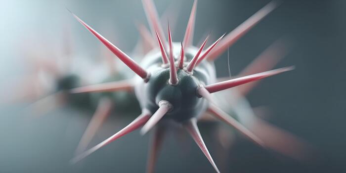 A highly magnified view of a dark grey cellular object covered in numerous sharp red spikes against a blurred blue background photo
