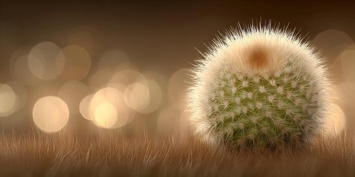 A close up view of a round green cactus covered in soft white spines stands in dry grass with warm bokeh lights in the background photo