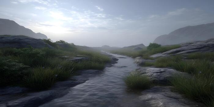 A tranquil stream flows over rocks and through green grass in a hazy mountain setting photo