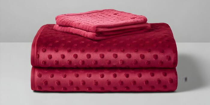 A stack of soft red blankets with a textured dot pattern and a smaller folded towel rests on a clean gray surface photo
