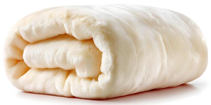 A plush cream colored blanket is rolled up displaying its soft textured fabric on a clean white background photo