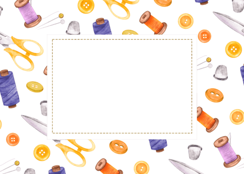 horizontal rectangular marco de de coser artículos y Copiar espacio para texto. tijeras, hilo carretes, redondo botones, patas, dedal. costura. mano dibujado ilustraciones para de coser, manualidades diseño png