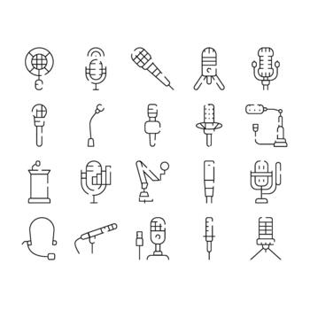 Microphone line icons collecting sound and recording audio vector