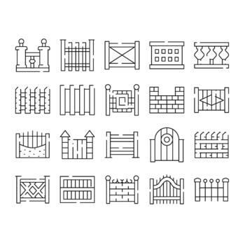 Outline icons set showing various fences and gates vector