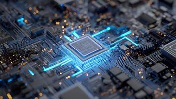 beleuchtet Mikrochip - - ein Nahansicht Aussicht von modern Technologie. video