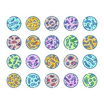 Different types of colorful bacteria and microbes in petri dishes vector
