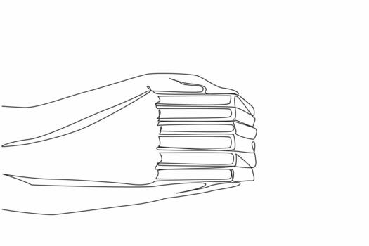 Single continuous line drawing 2 hands holding 6 stacks of books on top and bottom. Giving very politely. Sharing interesting readings. National Donate a Book Day. One line illustration vector