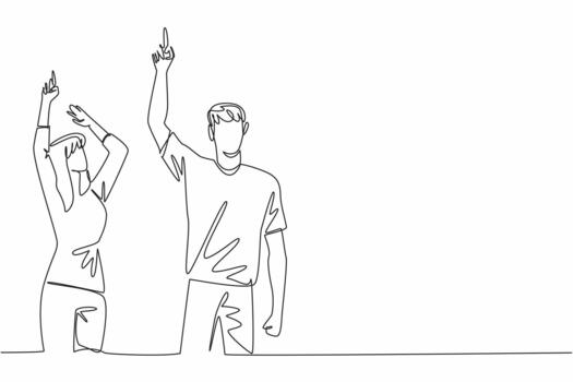 Single one line drawing a woman and a man in casual clothes, their hands pointing upwards. Compete to count the number of stars. Look Up at The Sky Day. Continuous line design illustration vector
