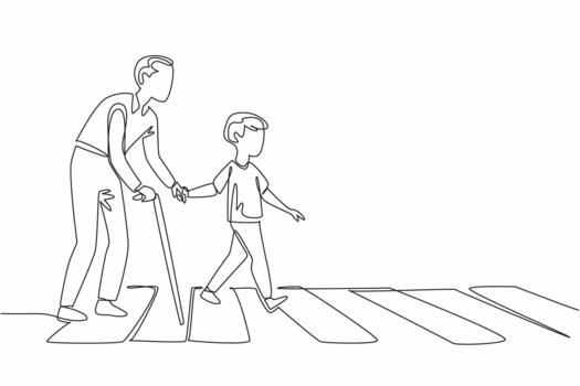 Single continuous line drawing a boy helps a hunchbacked old man with a stick cross the road on a zebra crossing. A real action to inspire all. Good Deeds Day. One line design vector