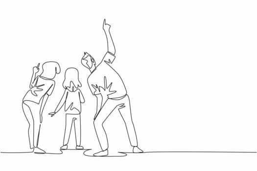 Continuous one line drawing a family gathered as the father pointed upwards. At dawn. Showing the morning star. Venus. Amazing view. Look Up at The Sky Day. Single line draw design vector