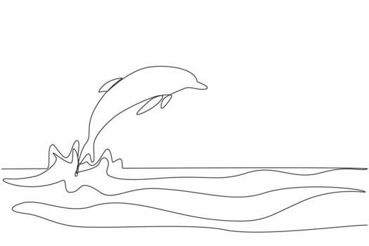 Single one line drawing a dolphin jumping on the surface of the sea. The activity of telling others not to get separated. Habits. National Dolphin Day. Continuous line design illustration vector