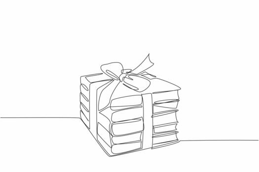 Single one line drawing 5 stacks of books tied with ribbon. Attractively packaged. Providing the best books. Increase knowledge. National Donate a Book Day. Continuous line design illustration vector