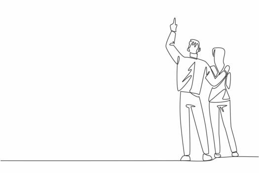 Single one line drawing rear view, a man in casual clothes embracing a woman with his hand pointing upwards. The aurora in awe. Look Up at The Sky Day. Continuous line design illustration vector